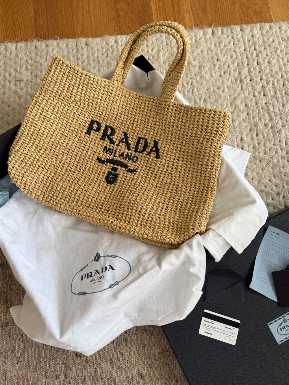 Prada Raffia Tote Bag in Natural Tan with Black Logo